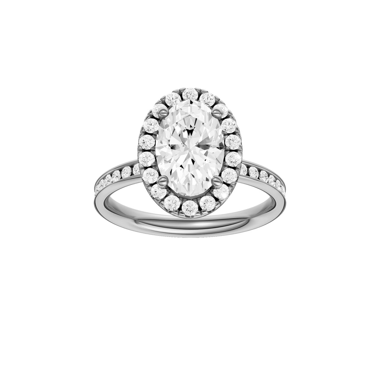 14K white gold oval halo engagement ring with oval center diamond, round halo and channel set diamond band, front view.