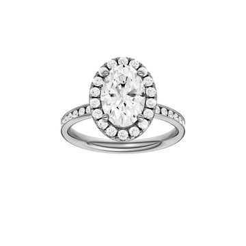14K white gold oval halo engagement ring with oval center diamond, round halo and channel set diamond band, front view.