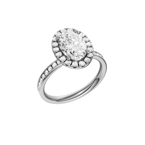 14K white gold oval halo engagement ring angled view showcasing oval center stone, halo sparkle and channel set band.