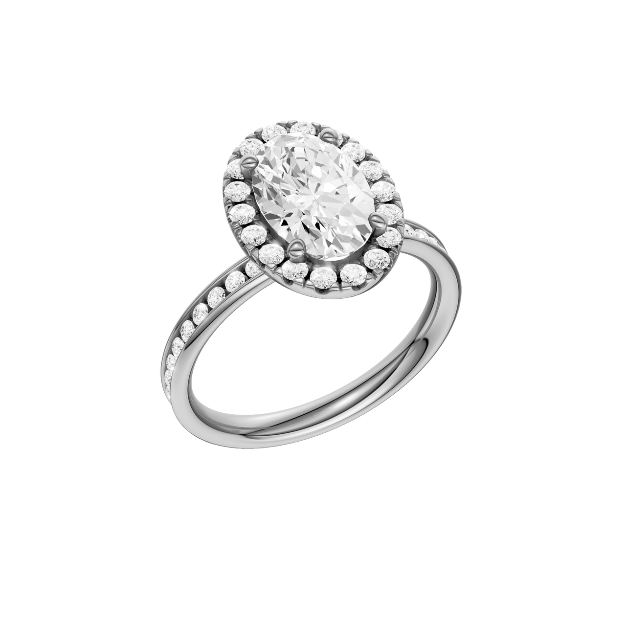 14K white gold oval halo engagement ring angled view showcasing oval center stone, halo sparkle and channel set band.