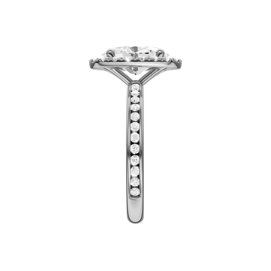14K white gold oval halo engagement ring full band view with diamond channel band and elevated halo.