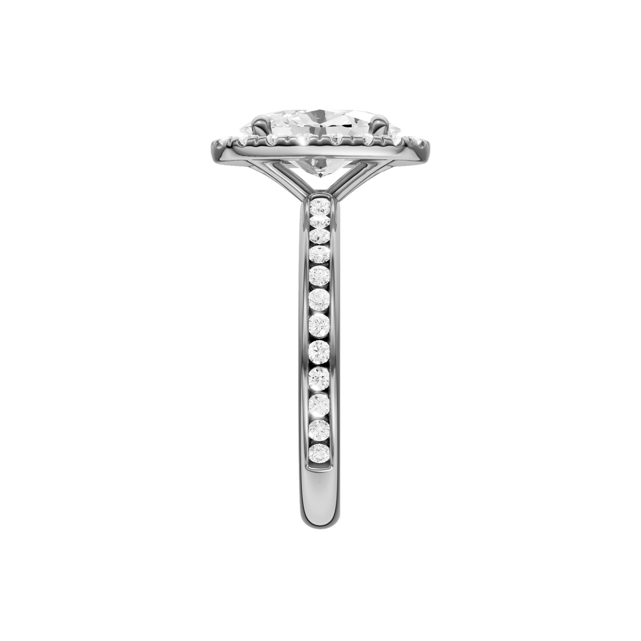 Platinum oval halo engagement ring full band profile showing continuous channel set diamonds and cathedral mounted halo center.