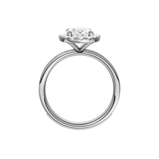 Platinum oval halo engagement ring side profile showing cathedral setting, elevated halo and channel set diamonds along the band.