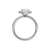 Platinum oval halo engagement ring side profile showing cathedral setting, elevated halo and channel set diamonds along the band.