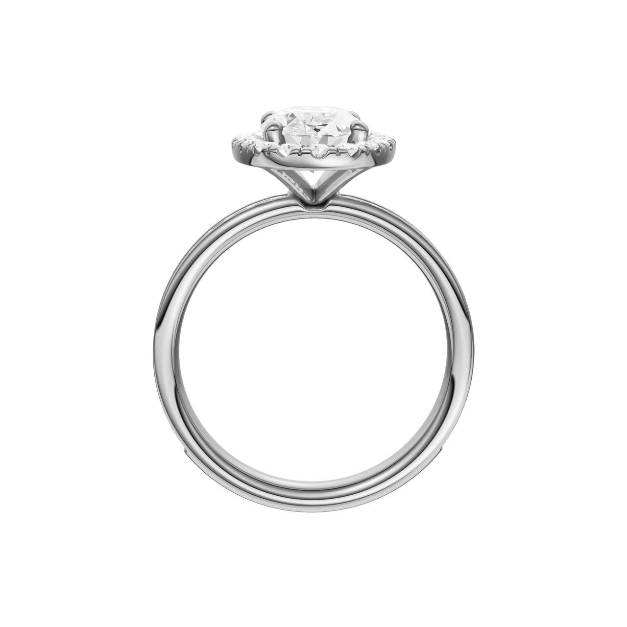 Platinum oval halo engagement ring side profile showing cathedral setting, elevated halo and channel set diamonds along the band.