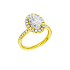 14K yellow gold oval halo engagement ring angled view showing oval center diamond, halo and channel set diamonds.