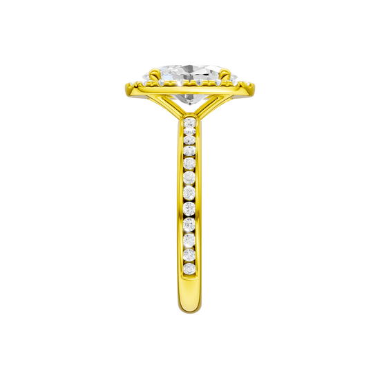 14K yellow gold oval halo engagement ring full band profile featuring oval halo center and channel set band.