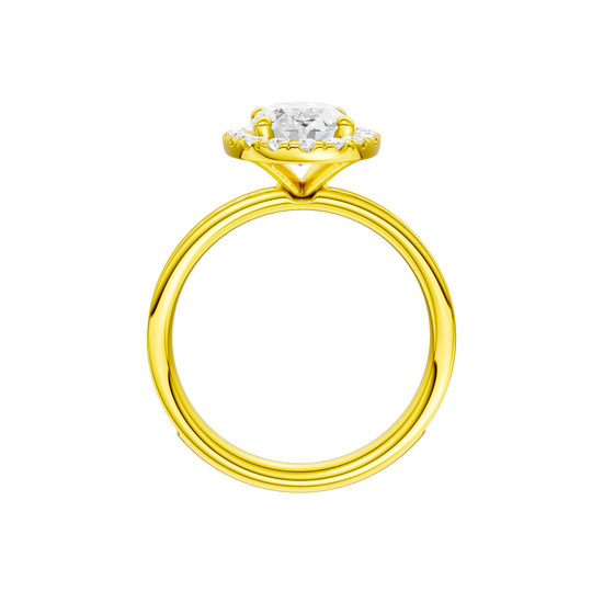 14K yellow gold oval halo engagement ring side profile highlighting cathedral setting and channel set diamonds.