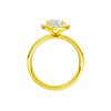14K yellow gold oval halo engagement ring side profile highlighting cathedral setting and channel set diamonds.
