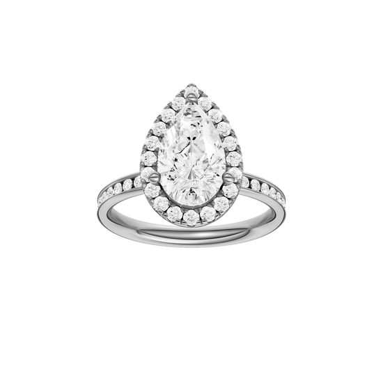 14K white gold pear halo engagement ring featuring a pear center diamond surrounded by a round diamond halo with a channel set diamond band and cathedral setting, front view.