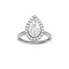 14K white gold pear halo engagement ring featuring a pear center diamond surrounded by a round diamond halo with a channel set diamond band and cathedral setting, front view.