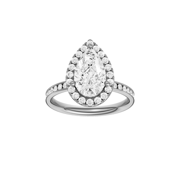 14K white gold pear halo engagement ring featuring a pear center diamond surrounded by a round diamond halo with a channel set diamond band and cathedral setting, front view.
