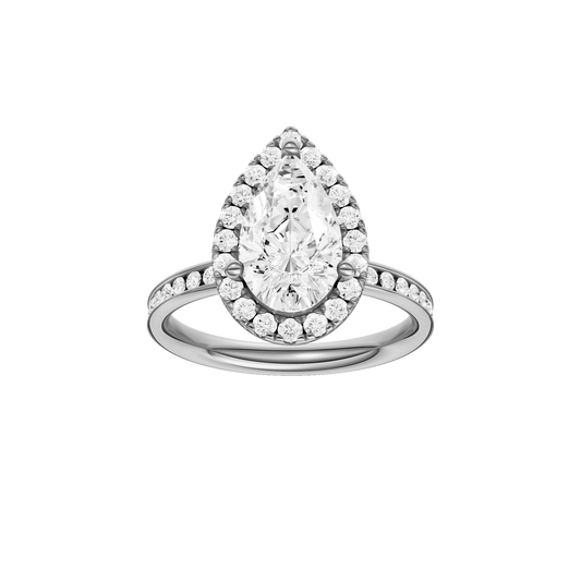 14K white gold pear halo engagement ring featuring a pear center diamond surrounded by a round diamond halo with a channel set diamond band and cathedral setting, front view.