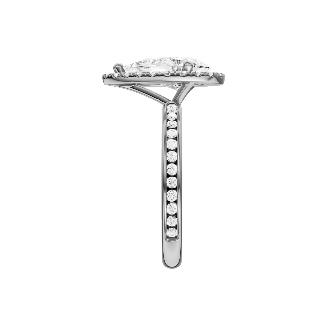 14K white gold pear halo engagement ring side profile showing cathedral setting, elevated halo and channel set diamonds along the band.