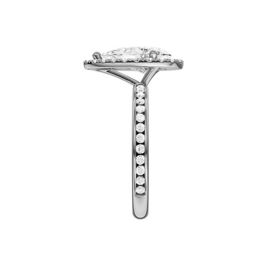 14K white gold pear halo engagement ring side profile showing cathedral setting, elevated halo and channel set diamonds along the band.