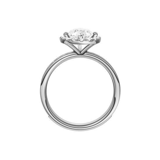 14K white gold pear halo engagement ring full band profile featuring continuous channel set diamonds and cathedral mounted pear halo center.