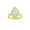 14K yellow gold pear halo engagement ring featuring a pear center diamond surrounded by a round diamond halo with a channel set diamond band and cathedral setting, front view.