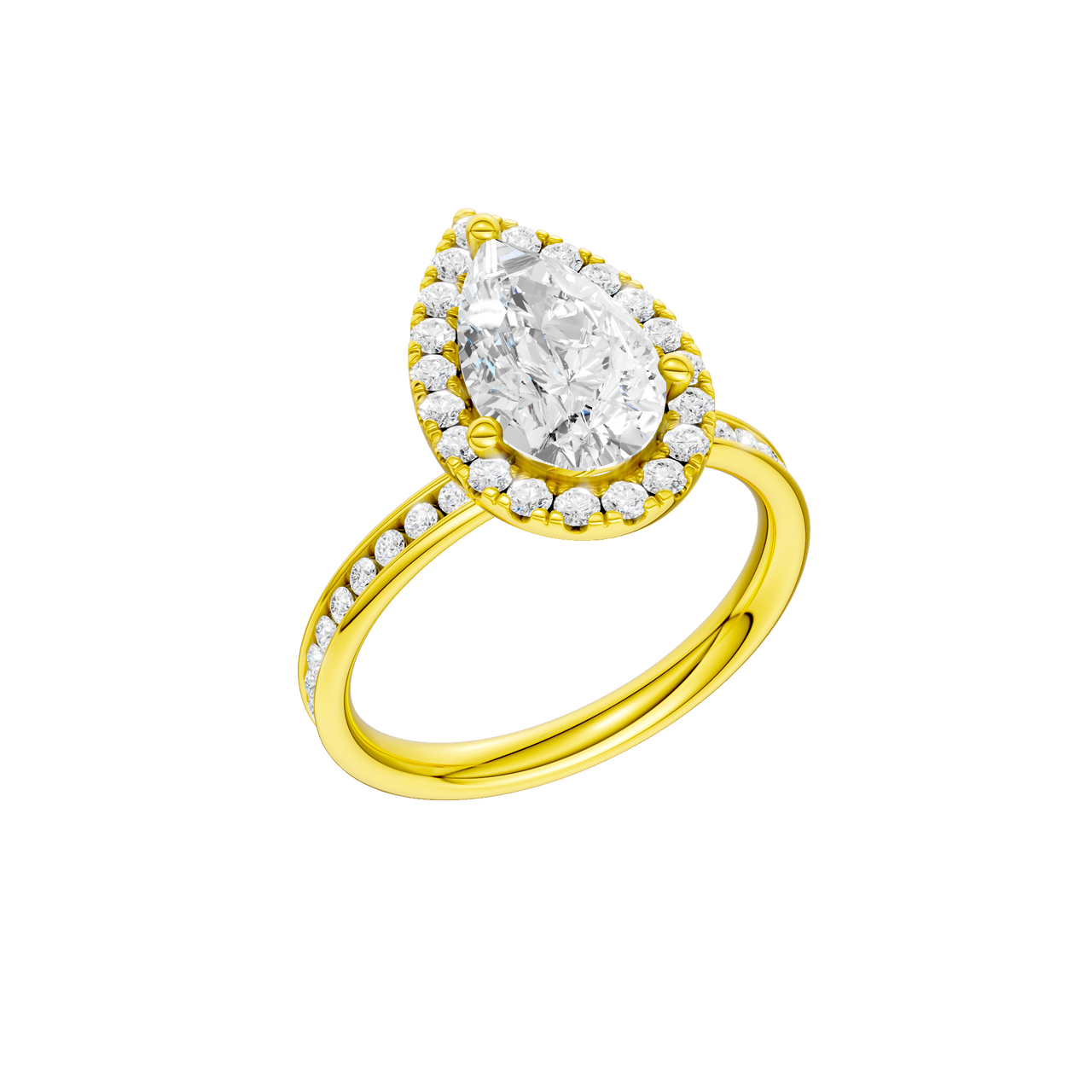 14K yellow gold pear halo engagement ring angled three quarter view showcasing pear center diamond, halo sparkle and channel set diamond band.
