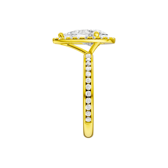 14K yellow gold pear halo engagement ring side profile showing cathedral setting, elevated halo and channel set diamonds along the band.