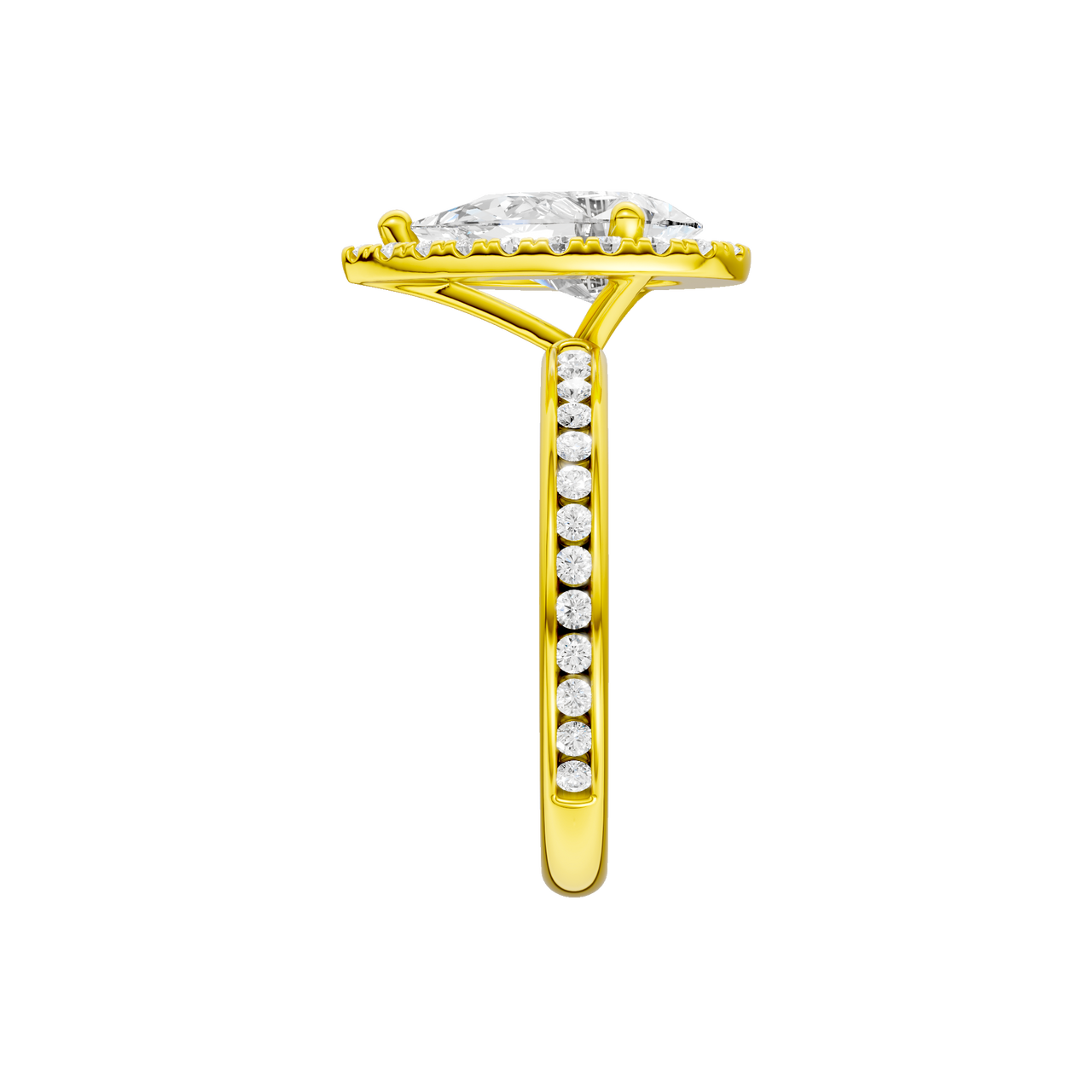 14K yellow gold pear halo engagement ring side profile showing cathedral setting, elevated halo and channel set diamonds along the band.