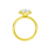 14K yellow gold pear halo engagement ring full band profile featuring continuous channel set diamonds and cathedral mounted pear halo center.