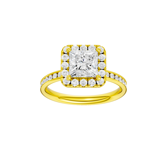 A front view of the Princess cut diamond engagement ring in 14k yellow gold with a diamond channel band and cathedral setting