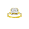 A front view of the Princess cut diamond engagement ring in 14k yellow gold with a diamond channel band and cathedral setting