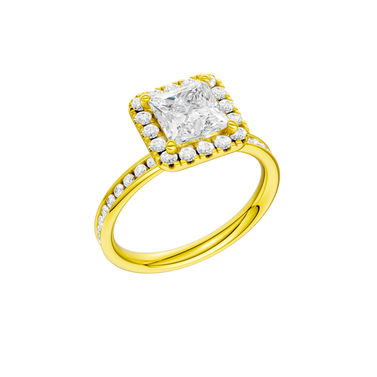A three-quarter view of the Princess cut diamond engagement ring in 14k yellow gold with a diamond channel band and cathedral setting