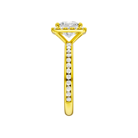 A side view of the Princess cut diamond engagement ring in 14k yellow gold with a diamond channel band and cathedral setting