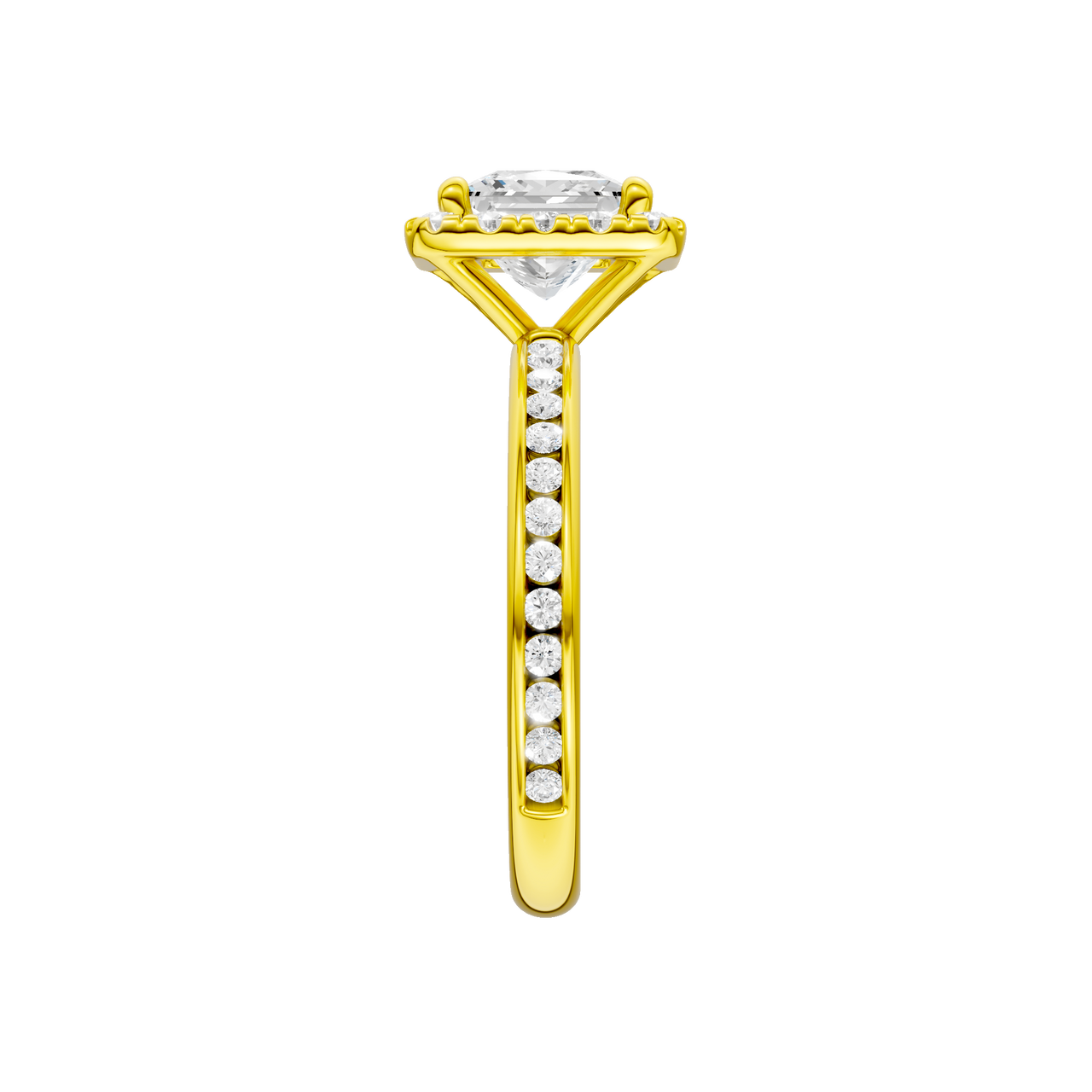 A side view of the Princess cut diamond engagement ring in 14k yellow gold with a diamond channel band and cathedral setting