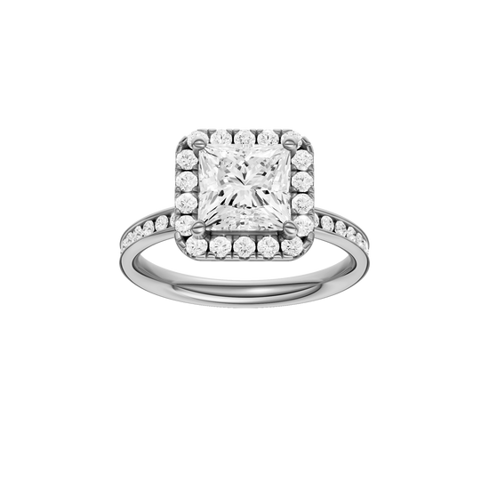 A front view of the Princess cut diamond engagement ring in platinum with a diamond channel band and cathedral setting