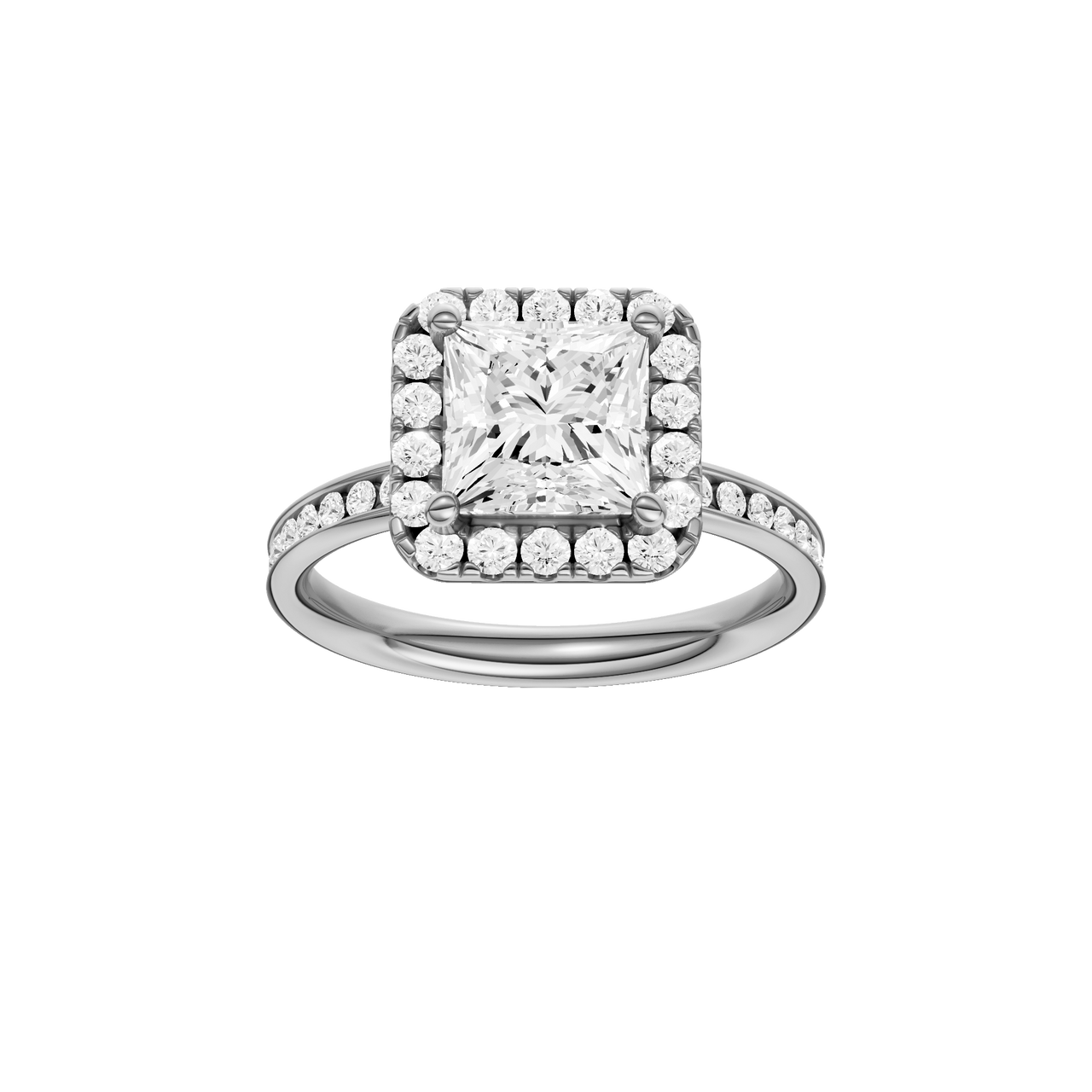 A front view of the Princess cut diamond engagement ring in platinum with a diamond channel band and cathedral setting