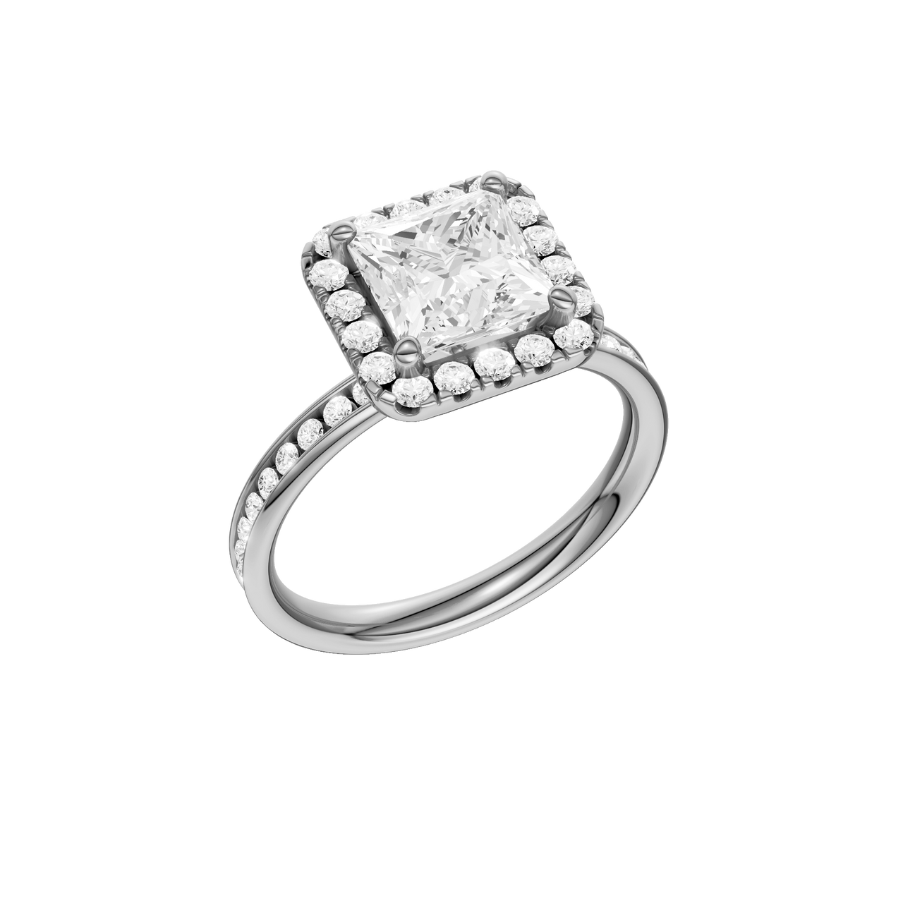 A three-quarter view of the Princess cut diamond engagement ring in platinum with a diamond channel band and cathedral setting