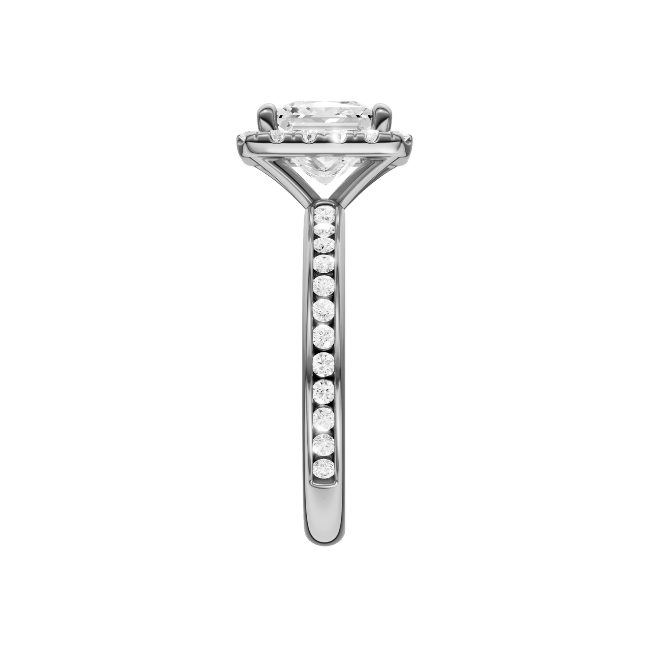 A side view of the Princess cut diamond engagement ring in platinum with a diamond channel band and cathedral setting