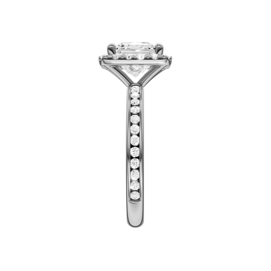 A side view of the Princess cut diamond engagement ring in 14k white gold with a diamond channel band and cathedral setting
