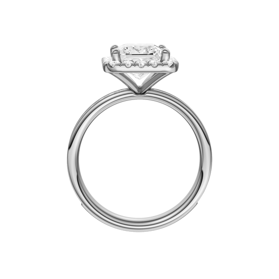 A profile view of the Princess cut diamond engagement ring in 14k white gold with a diamond channel band and cathedral setting