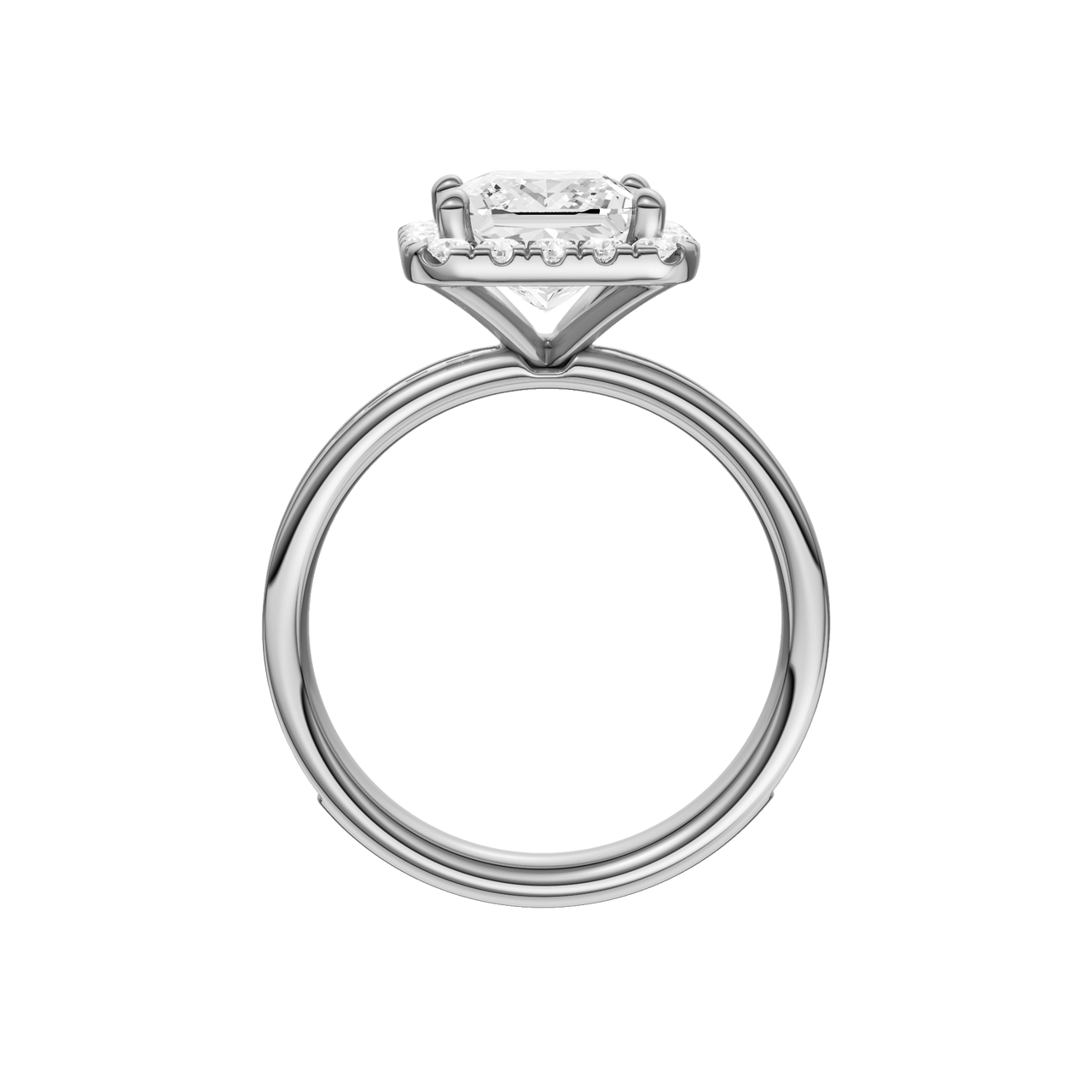 A profile view of the Princess cut diamond engagement ring in 14k white gold with a diamond channel band and cathedral setting
