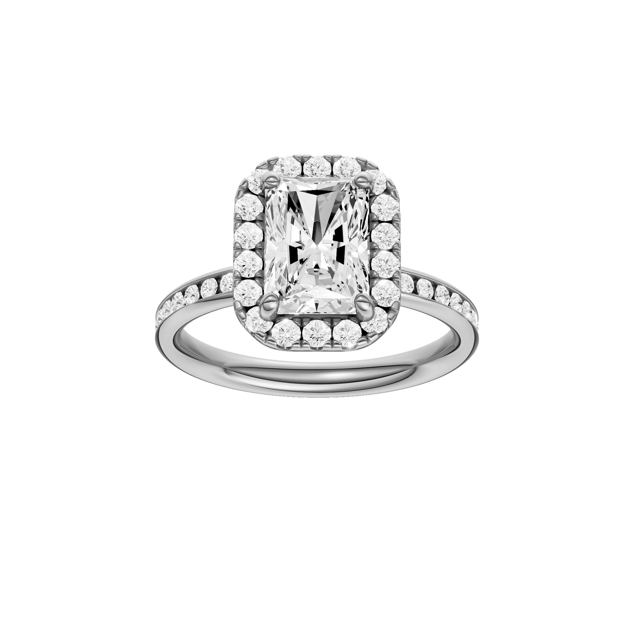 A front view of the Radiant cut diamond engagement ring in platinum with a diamond channel band and cathedral setting