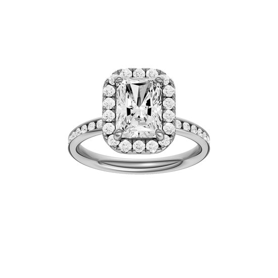 A front view of the Radiant cut diamond engagement ring in 14k white gold with a diamond channel band and cathedral setting