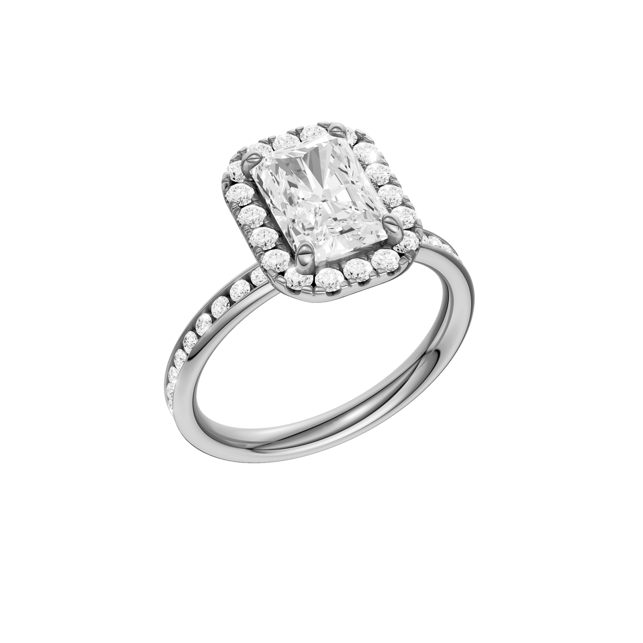 A three-quarter view of the Radiant cut diamond engagement ring in platinum with a diamond channel band and cathedral setting