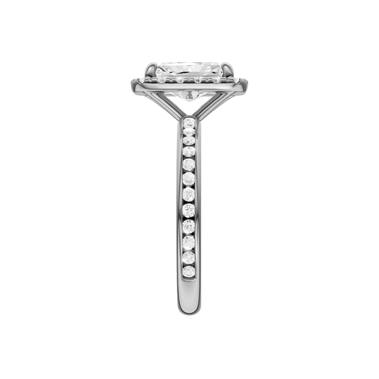 A side view of the Radiant cut diamond engagement ring in platinum with a diamond channel band and cathedral setting