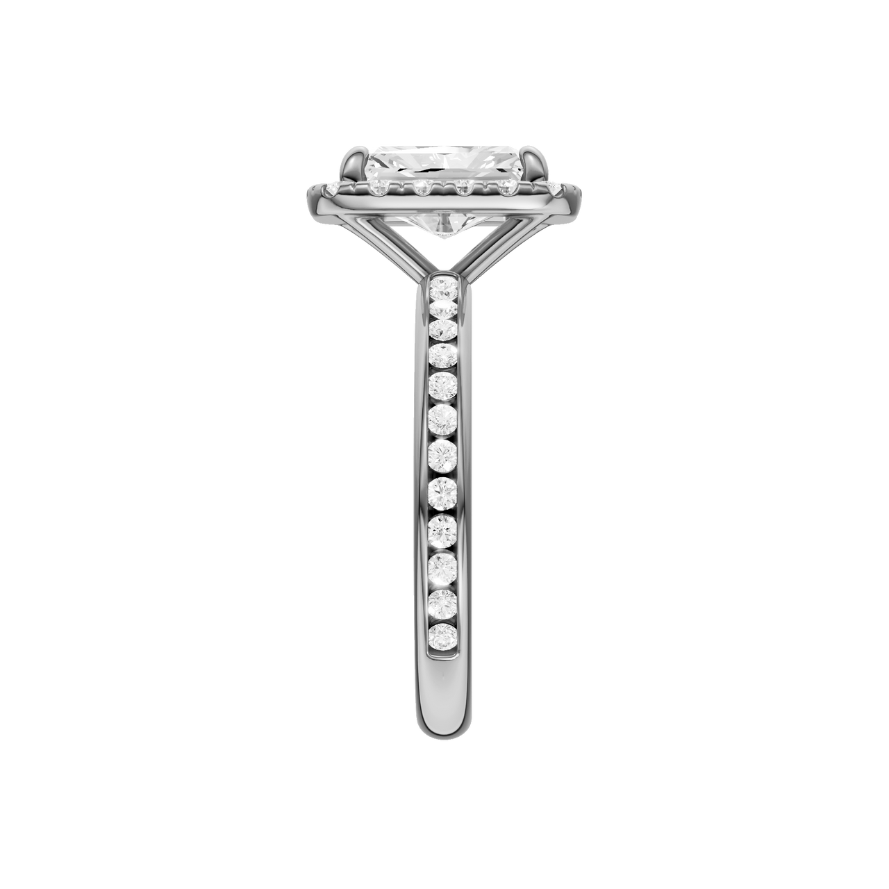 A side view of the Radiant cut diamond engagement ring in 14k white gold with a diamond channel band and cathedral setting
