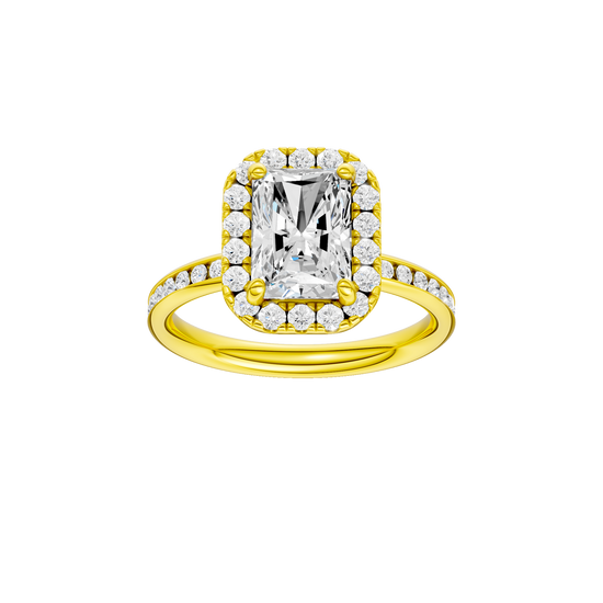 A front view of the Radiant cut diamond engagement ring in 14k yellow gold with a diamond channel band and cathedral setting