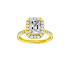 A front view of the Radiant cut diamond engagement ring in 14k yellow gold with a diamond channel band and cathedral setting