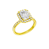 A three-quarter view of the Radiant cut diamond engagement ring in 14k yellow gold with a diamond channel band and cathedral setting