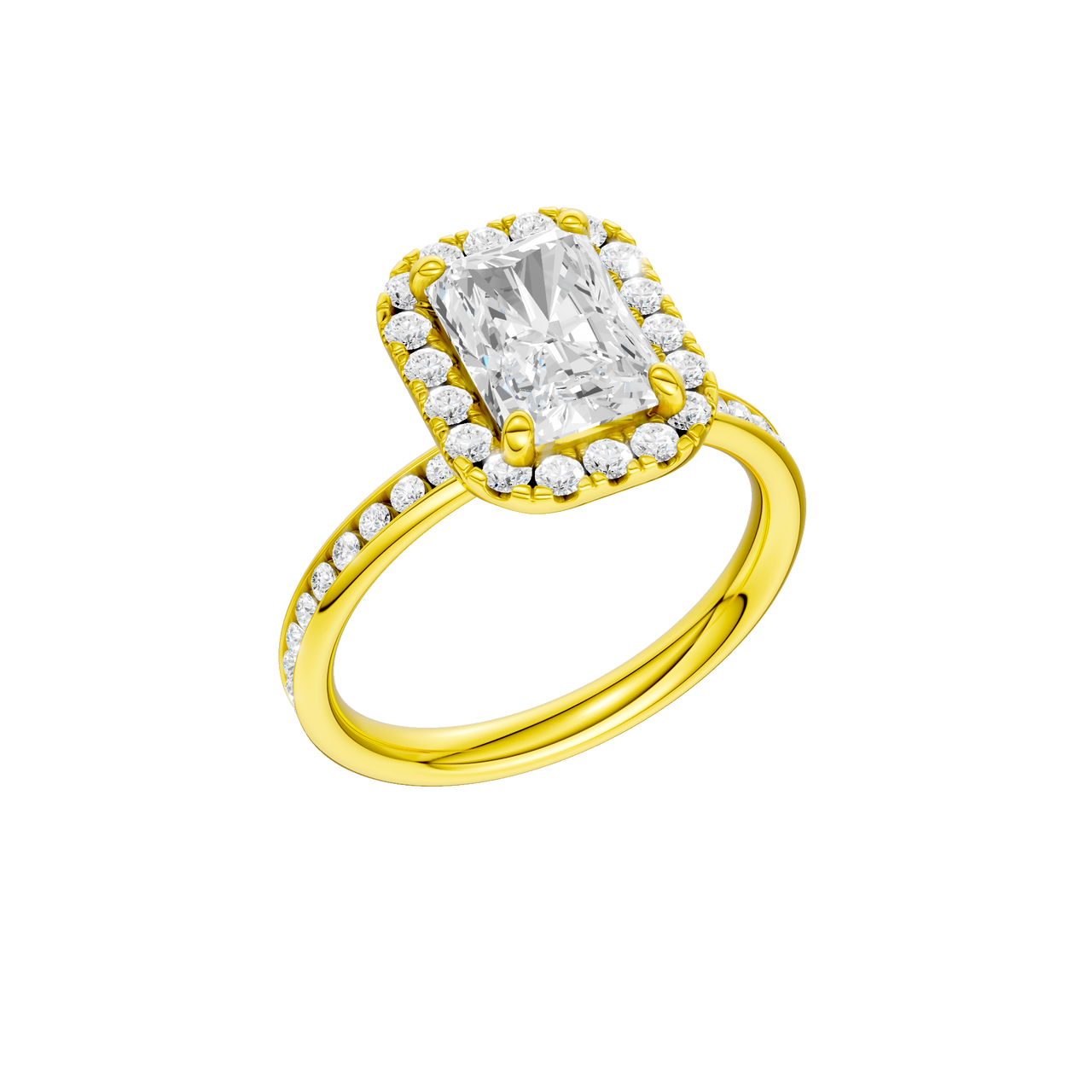 A three-quarter view of the Radiant cut diamond engagement ring in 14k yellow gold with a diamond channel band and cathedral setting