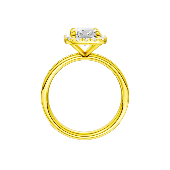 A profile view of the Radiant cut diamond engagement ring in 14k yellow gold with a diamond channel band and cathedral setting