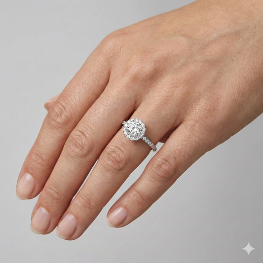 Round cut diamond engagement ring in 14k white gold with a diamond channel band and halo setting on a hand