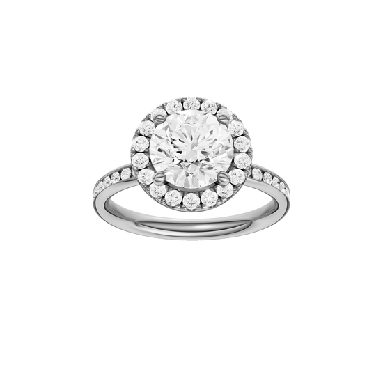 A front view of the Round cut diamond engagement ring in platinum with a diamond channel band and halo setting