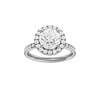 A front view of the Round cut diamond engagement ring in 14k white gold with a diamond channel band and halo setting